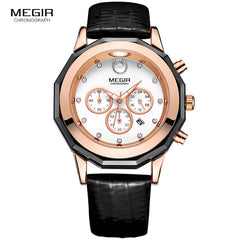 Megir Women's 24-hour Chronograph Red Leather Strap Quartz Watches with Luminous Hands Waterproof Wristwatch for Woman Date 2042