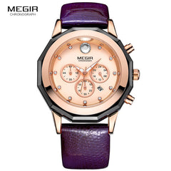 Megir Women's 24-hour Chronograph Red Leather Strap Quartz Watches with Luminous Hands Waterproof Wristwatch for Woman Date 2042