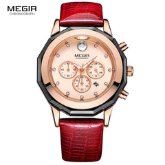 Megir Women's 24-hour Chronograph Red Leather Strap Quartz Watches with Luminous Hands Waterproof Wristwatch for Woman Date 2042