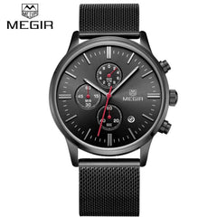 Watches Men MEGIR Brand Chronograph Fashion Simple Men Watches Stainless Steel Mesh Band Quartz-Watch Thin Dial Man Casual Clock