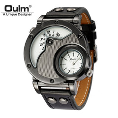 Oulm Two Time Zone Sports Wristwatch Military Army Men's Casual PU Leather Strap Antique Designer Quartz Watch Male Clock