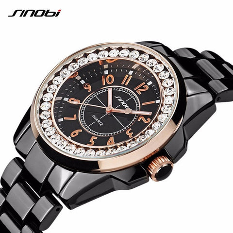 SINOBI Ceramic Watch Women Quartz Clock Diamond Bracelet Ladies Wrist Watches Relogio Feminino Montre Femme White Rose Gold