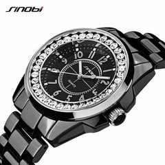 SINOBI Ceramic Watch Women Quartz Clock Diamond Bracelet Ladies Wrist Watches Relogio Feminino Montre Femme White Rose Gold