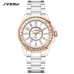 SINOBI Ceramic Watch Women Quartz Clock Diamond Bracelet Ladies Wrist Watches Relogio Feminino Montre Femme White Rose Gold