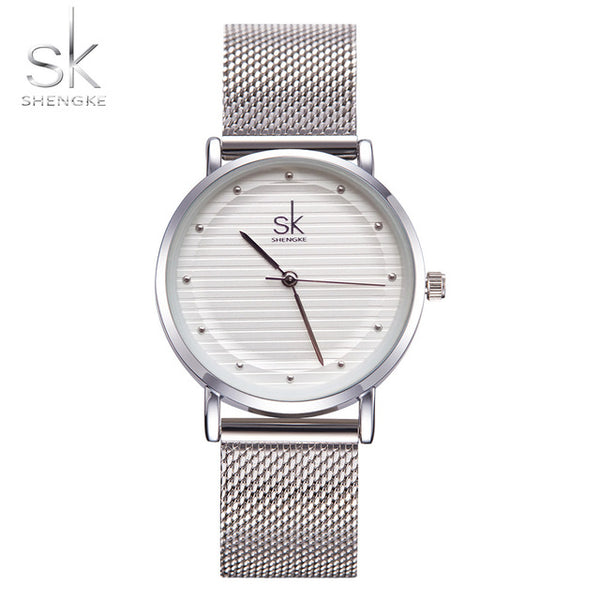 Shengke Brand Quartz Wrist Watches Texture Watches Women Casual Dress Luxury Sliver Ladies Rhinestone Waterproof Reloj Mujer SK