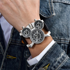 OULM 1167 Mens Vintage Steam Punk Leather Band Watches 3 Time Zone Japan MOVT Casual Quartz Watch