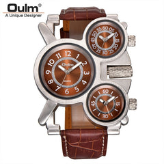 OULM 1167 Mens Vintage Steam Punk Leather Band Watches 3 Time Zone Japan MOVT Casual Quartz Watch