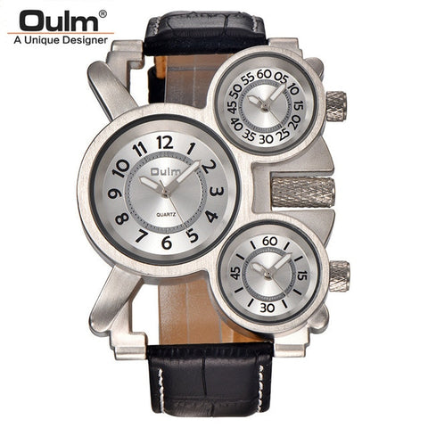 OULM 1167 Mens Vintage Steam Punk Leather Band Watches 3 Time Zone Japan MOVT Casual Quartz Watch