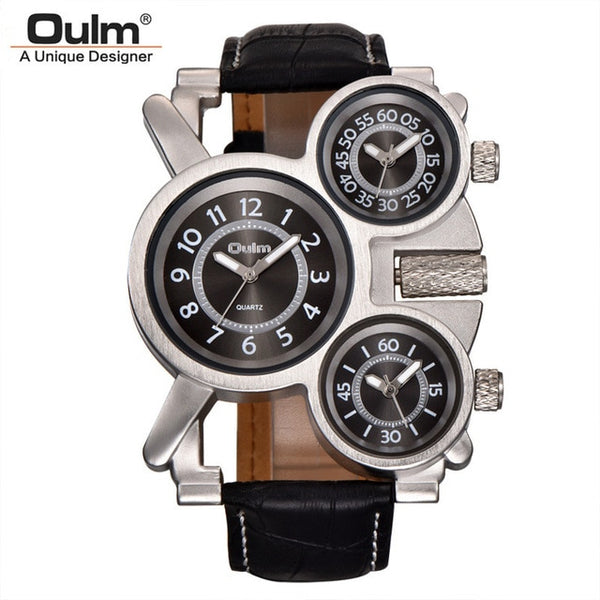 OULM 1167 Mens Vintage Steam Punk Leather Band Watches 3 Time Zone Japan MOVT Casual Quartz Watch