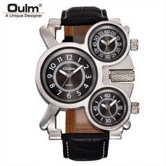 OULM 1167 Mens Vintage Steam Punk Leather Band Watches 3 Time Zone Japan MOVT Casual Quartz Watch