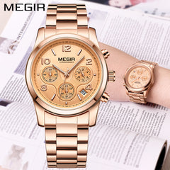 MEGIR Luxury Brand Ladies Watch Women Rose Gold Steel Chronograph Quartz Sport Wrist watches Clock Women relogios femininos