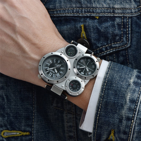 Oulm Male Watch Decorated Thermometer Compass Unique Designer Luxury Brand Men's Sport Watches Two Time Zone Men Wristwatch