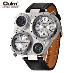 Oulm Male Watch Decorated Thermometer Compass Unique Designer Luxury Brand Men's Sport Watches Two Time Zone Men Wristwatch