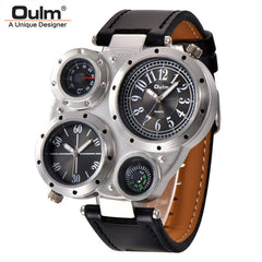 Oulm Male Watch Decorated Thermometer Compass Unique Designer Luxury Brand Men's Sport Watches Two Time Zone Men Wristwatch