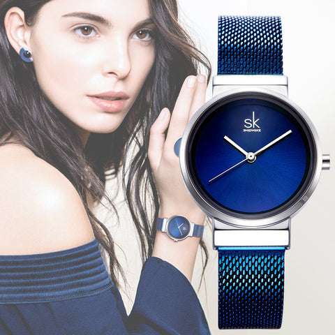 SHENGKE New Fashion Brand Women Wrist Watches Super Slim Blue Mesh Stainless Steel  Watches Women Clock Ladies Quartz Wristwatch