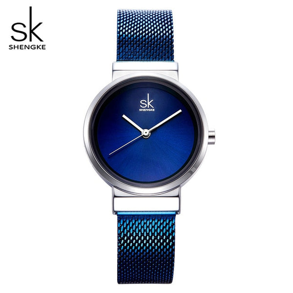 SHENGKE New Fashion Brand Women Wrist Watches Super Slim Blue Mesh Stainless Steel  Watches Women Clock Ladies Quartz Wristwatch