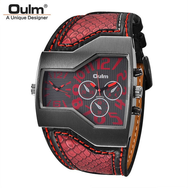 Oulm Classic Style Two Time Zone Men's Watches PU Leather Wristwatch Male Quartz Clock Casual Man Hours relogio masculino