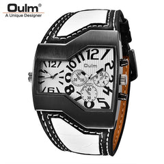 Oulm Classic Style Two Time Zone Men's Watches PU Leather Wristwatch Male Quartz Clock Casual Man Hours relogio masculino