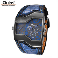 Oulm Classic Style Two Time Zone Men's Watches PU Leather Wristwatch Male Quartz Clock Casual Man Hours relogio masculino