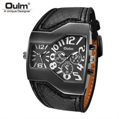 Oulm Classic Style Two Time Zone Men's Watches PU Leather Wristwatch Male Quartz Clock Casual Man Hours relogio masculino