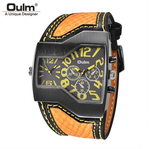 Oulm Classic Style Two Time Zone Men's Watches PU Leather Wristwatch Male Quartz Clock Casual Man Hours relogio masculino