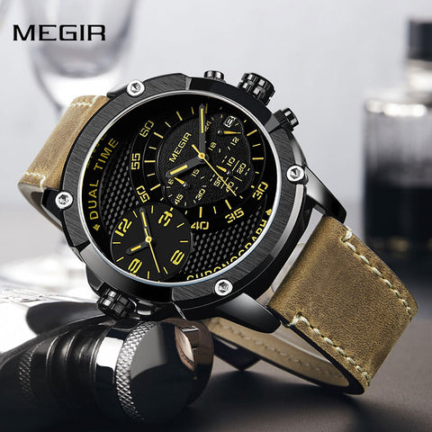 Fashion Sport Men Watch MEGIR Army Military Leather Strap Men Quartz Wrist Watch Creative Dual Time Zone Waterproof Watch Clock