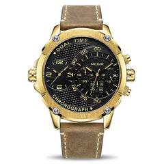 Fashion Sport Men Watch MEGIR Army Military Leather Strap Men Quartz Wrist Watch Creative Dual Time Zone Waterproof Watch Clock