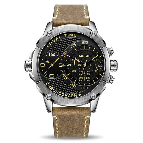 Fashion Sport Men Watch MEGIR Army Military Leather Strap Men Quartz Wrist Watch Creative Dual Time Zone Waterproof Watch Clock