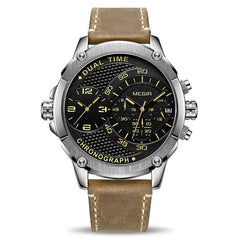 Fashion Sport Men Watch MEGIR Army Military Leather Strap Men Quartz Wrist Watch Creative Dual Time Zone Waterproof Watch Clock