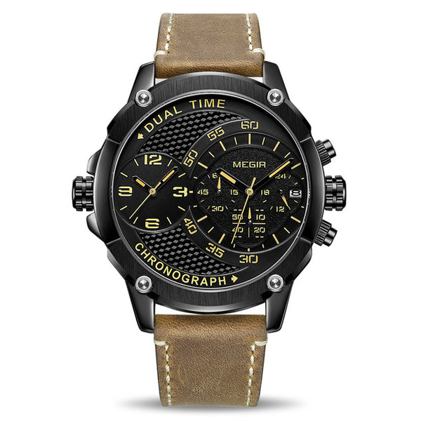 Fashion Sport Men Watch MEGIR Army Military Leather Strap Men Quartz Wrist Watch Creative Dual Time Zone Waterproof Watch Clock
