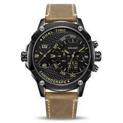 Fashion Sport Men Watch MEGIR Army Military Leather Strap Men Quartz Wrist Watch Creative Dual Time Zone Waterproof Watch Clock