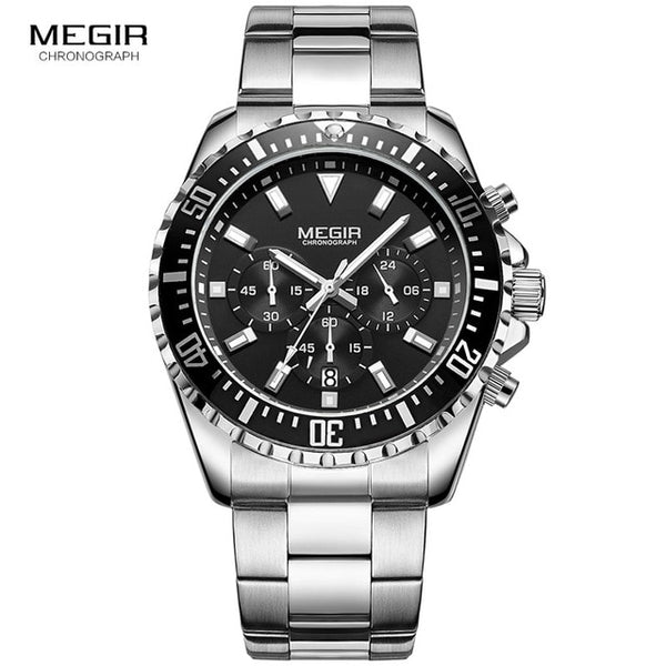 MEGIR Men's Chronograph Quartz Watches Stainless Steel Waterproof Lumious Analogue 24-hour Wristwatch for Man Green Dial 2064G-9