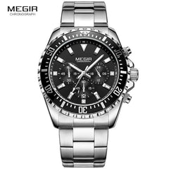 MEGIR Men's Chronograph Quartz Watches Stainless Steel Waterproof Lumious Analogue 24-hour Wristwatch for Man Green Dial 2064G-9
