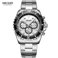 MEGIR Men's Chronograph Quartz Watches Stainless Steel Waterproof Lumious Analogue 24-hour Wristwatch for Man Green Dial 2064G-9