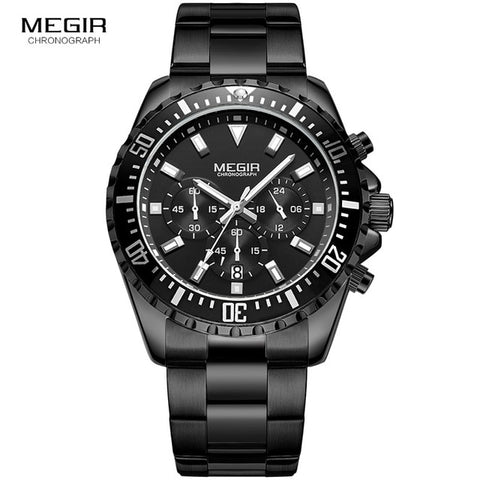 MEGIR Men's Chronograph Quartz Watches Stainless Steel Waterproof Lumious Analogue 24-hour Wristwatch for Man Green Dial 2064G-9