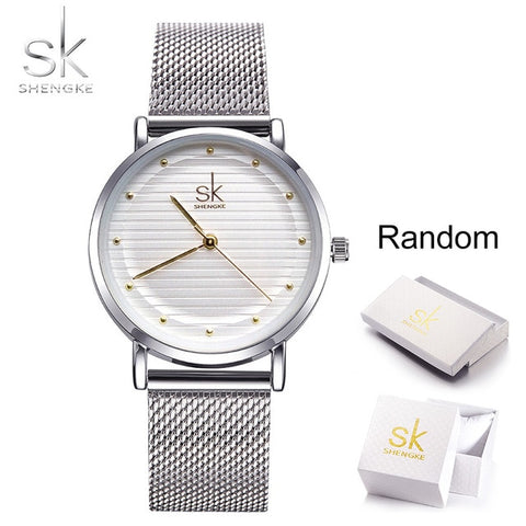 Shengke Brand Quartz Wrist Watches Texture Watches Women Casual Dress Luxury Sliver Ladies Rhinestone Waterproof Reloj Mujer SK