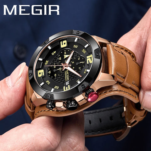 MEGIR Men Watch Top Brand Luxury Gold Chronograph Wristwatch Date Military Sport Leather Band Male Clock Relogio Masculino 2099