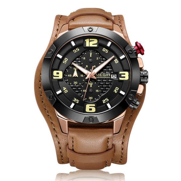 MEGIR Men Watch Top Brand Luxury Gold Chronograph Wristwatch Date Military Sport Leather Band Male Clock Relogio Masculino 2099