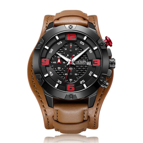 MEGIR Men Watch Top Brand Luxury Gold Chronograph Wristwatch Date Military Sport Leather Band Male Clock Relogio Masculino 2099