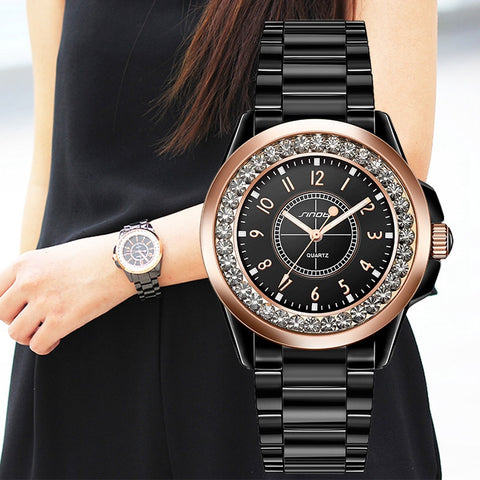 SINOBI Ceramic Watch Women Quartz Clock Diamond Bracelet Ladies Wrist Watches Relogio Feminino Montre Femme White Rose Gold