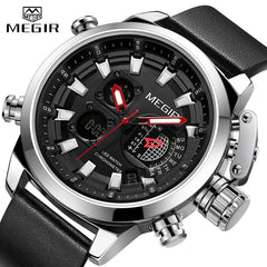 MEGIR New Watch Men Luxury Brand Analog Digital Sports Mens Watches Leather Army Military Waterproof Wristwatch 2019 Male Clock