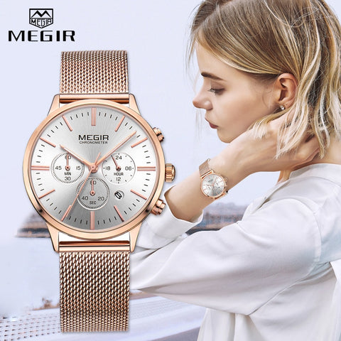 MEGIR Fashion Rose Gold Women Watch Luxury Brand Quartz Wrist Watch Ladies Casual Bracelet Watches Sport Relogio Feminino Clock