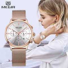 MEGIR Fashion Rose Gold Women Watch Luxury Brand Quartz Wrist Watch Ladies Casual Bracelet Watches Sport Relogio Feminino Clock