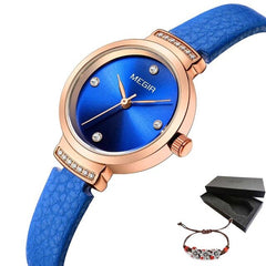 MEGIR Women Fashion Blue Quartz Watch Lady Leather Watchband High Quality Casual Waterproof Wristwatch Gift for Wife 2019