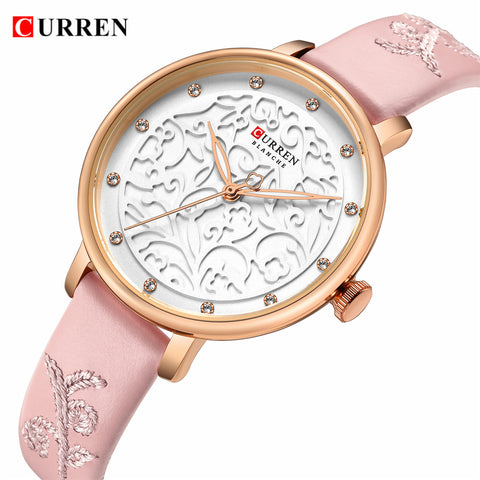 Top Brand CURREN Women Watches Pink Leather Wristwatch with Rhinestone Ladies Clock Fashion Luxury Quartz Watch Relogio Feminino