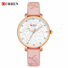 Top Brand CURREN Women Watches Pink Leather Wristwatch with Rhinestone Ladies Clock Fashion Luxury Quartz Watch Relogio Feminino