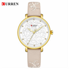 Top Brand CURREN Women Watches Pink Leather Wristwatch with Rhinestone Ladies Clock Fashion Luxury Quartz Watch Relogio Feminino